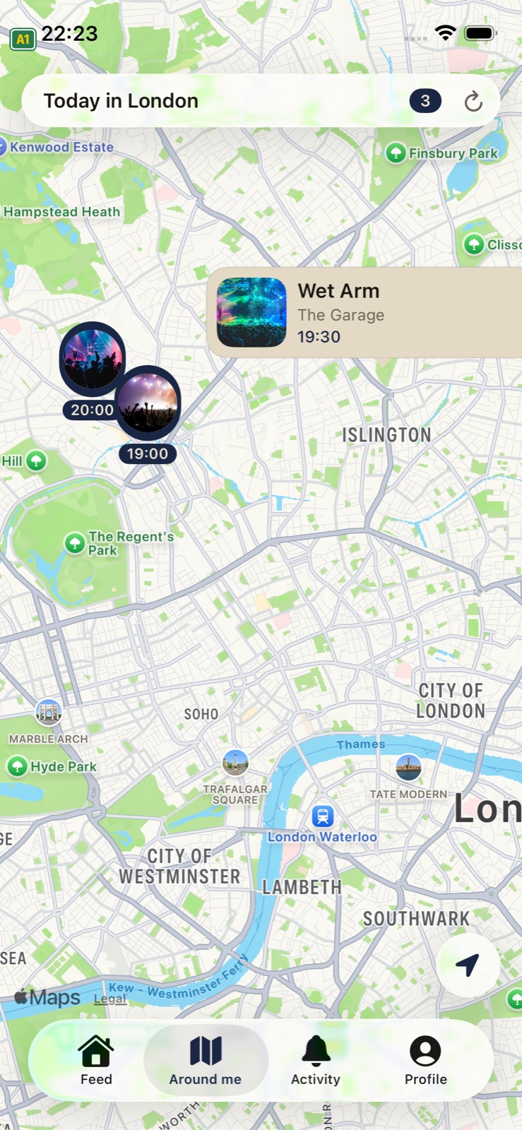 Map of shows happening today