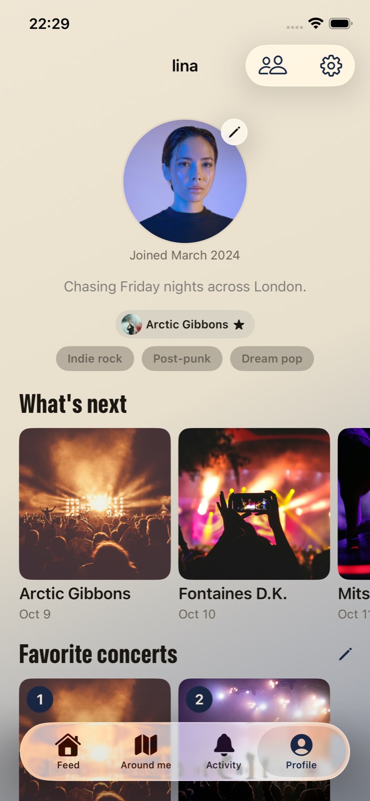 A profile with upcoming concerts